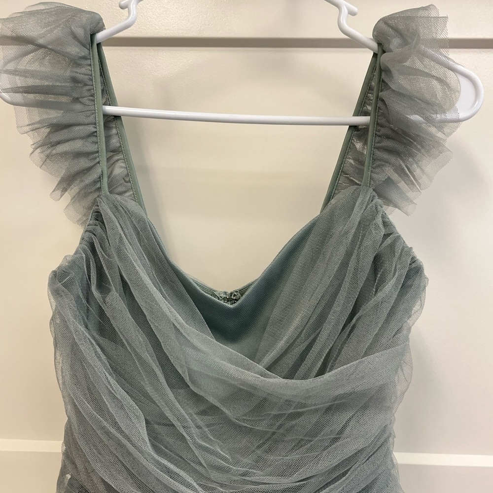 Lulus - Pure Radiance Sage Brush Mesh Swiss Dot Tiered Maxi Dress Green - S - Picture 10 of 13